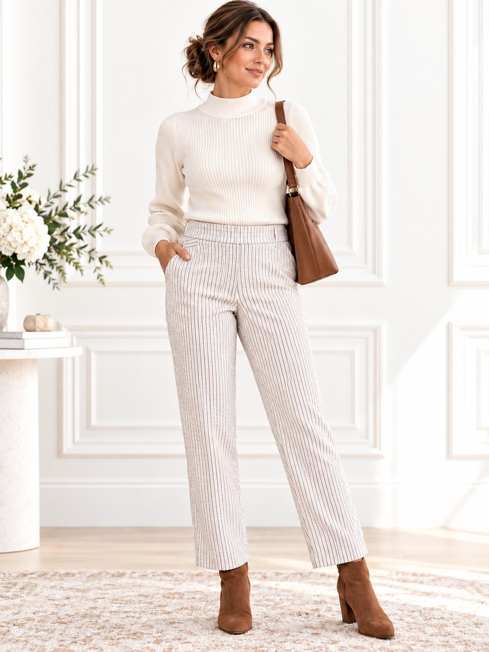 Hilary Radley Tan Cream Pinstripe Stretch Ankle Trousers Pants | Size Medium